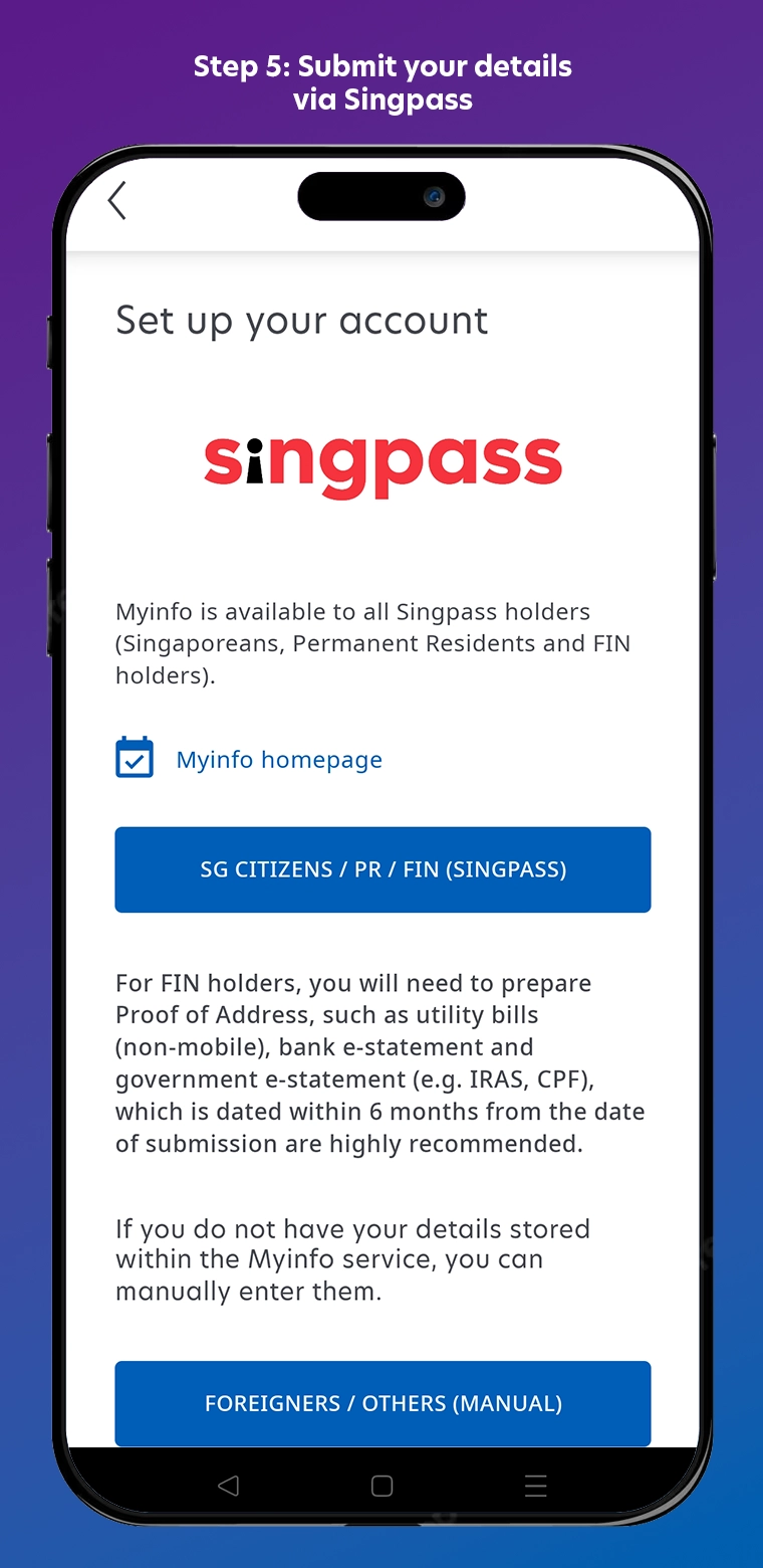 Step 5: Set up Account with Singpass