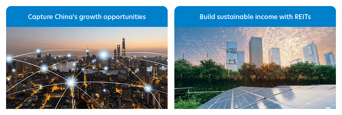 UOB Asset Management’s ETFs solutions. Build sustainable income with REITs – UOB APAC Green REIT ETF. Capture growth with China – UOBAM Ping An ChiNext ETF or United SSE 50 China ETF